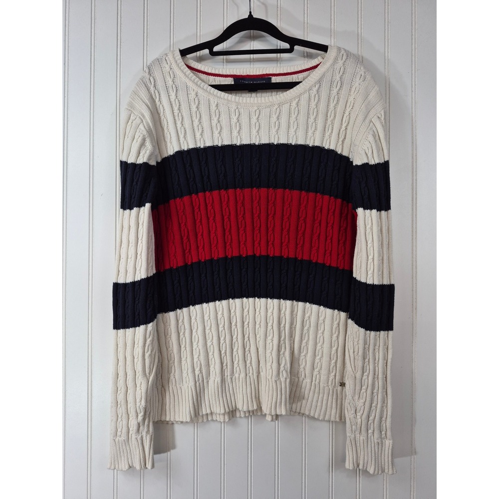 Tommy Hilfiger Womens XL Cable Knit Sweater Striped Cotton Navy Red Cream
